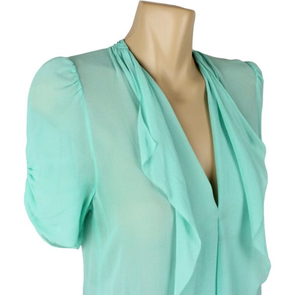 t. babaton Silk Crepe Blouse XS Mint Green Short Sleeve V Neck Ruffle CA270 - Picture 2 of 14